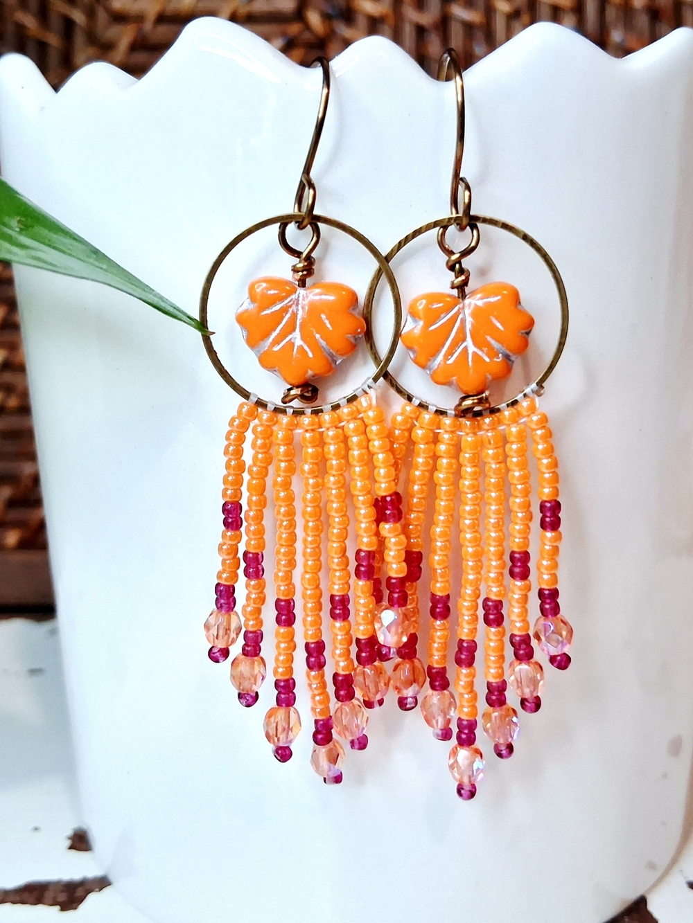 Orange Leaf Beaded Fringe Dangle Earrings